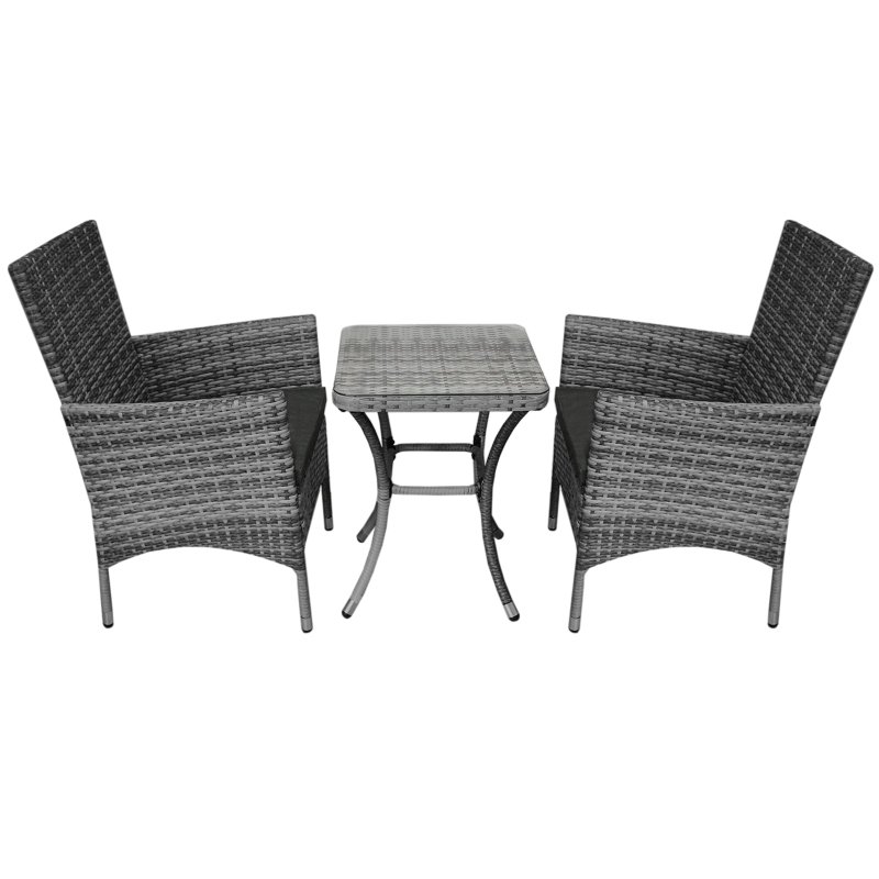 Garden Outdoor Rattan Bistro Set Furniture 3 PCs Patio Weave Companion Chair Table Set Conservatory Balcony 2 Seater Grey FREE Rain Cover