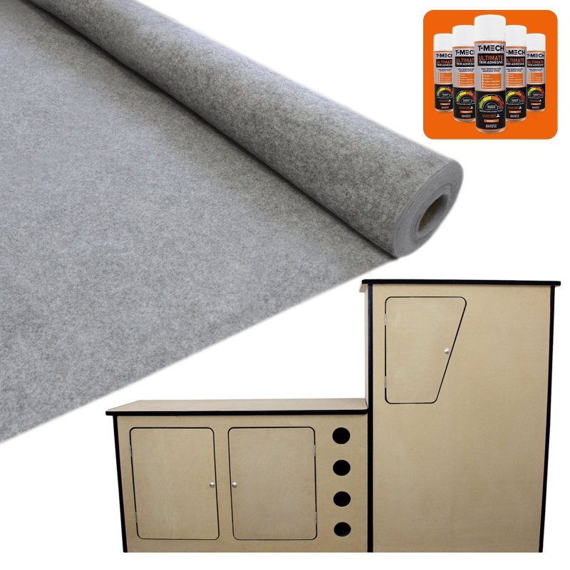 T-Mech 11m2 Van Lining Carpet Super Stretch Kit Smoke Grey | With Camper Motor Home Kitchen Unit | FREE 5 Heavy Duty Adhesive Glue Spray Cans