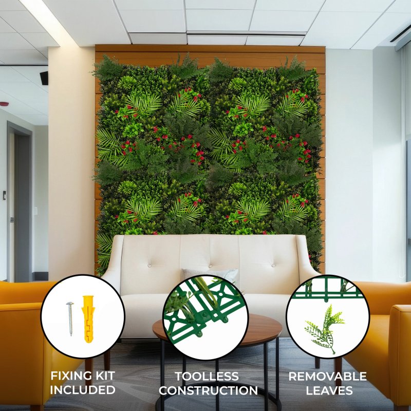 Artificial Plant Wall Panel 100 x 100cm Mira Living Foliage Greenery Tiles Indoor Outdoor Weather & UV Resistant Grass Fence Faux Hedge Privacy Backdrop Garden Home Decor Snap & Lock Fixings Included