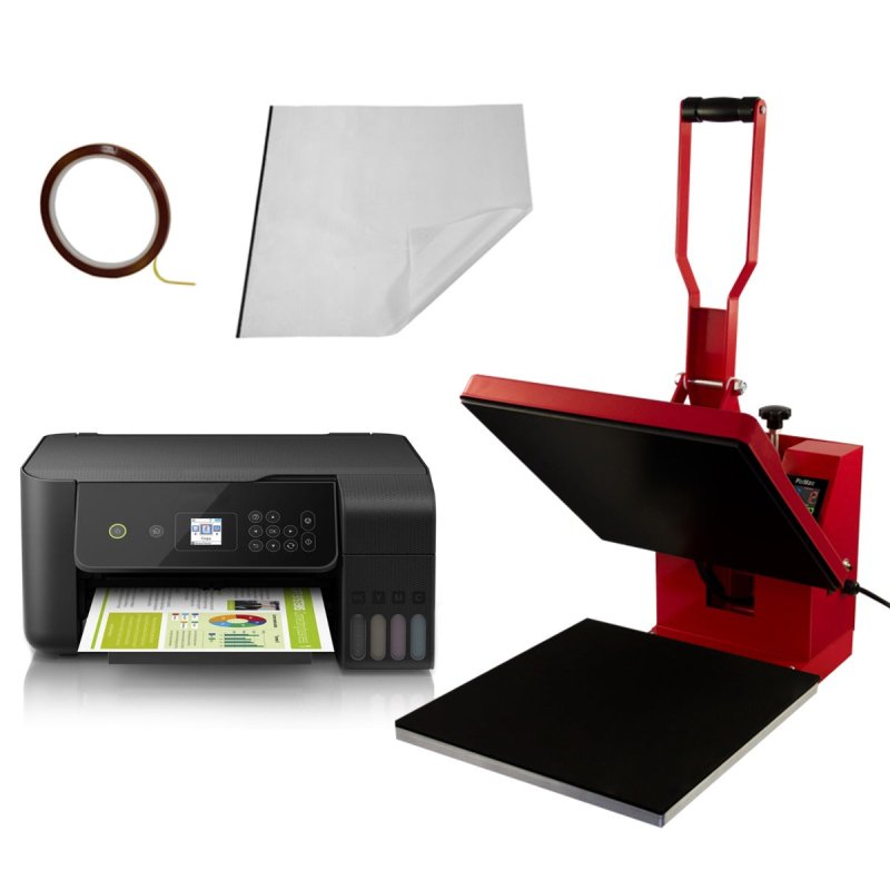 Heat Press Digital Transfer Machine 38 x 38cm Flat Clam & Sublimation Printer Teflon Sheet Touchscreen Display Adjustable Pressure Ink Vinyl 250C Professional Business 10 Sublimation Sheets Heat Tape