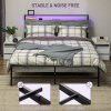 HOMCOM 5ft King Size Bed Frame with LED Lights and Charging Station, Platform Bed Frame with Storage Headboard, Steel Slat Support, No Box Spring Needed, Easy Assembly, Cement Grey