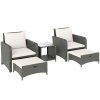 Outsunny 5 Piece Rattan Garden Furniture Set, Wicker Patio Conversation Set with 2 Chairs, 2-Tier Coffee Table, 2 Ottomans and Thick Cushions for Outdoor, Balcony, Bistro, Porch, Cream White