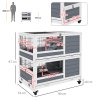 PawHut Rabbit Hutch Guinea Pig Hutch Indoor Wooden Small Animal House with Wheels, Openable Top, No-Leak Plastic Trays - Grey