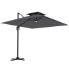 Outsunny 2.5m Cantilever Parasol with Solar Powered LED Lights, Double Top Square Overhanging Garden Parasol with 360 Rotation, Tilt Adjustment, Crank Handle, Dark Grey