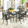 Outsunny 7 Pieces Garden Dining Set with Stackable Chairs, 6 Seater Metal Garden Furniture Set, Outdoor Metal Top Patio Table with Umbrella Hole, Black