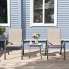 Outsunny 3 Pieces Outdoor Bistro Set, Patio Stackable Armchairs with Breathable Mesh Fabric and SPC Board Coffee Table, Brown