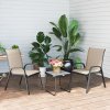 Outsunny 3 Pieces Outdoor Bistro Set, Patio Stackable Armchairs with Breathable Mesh Fabric and SPC Board Coffee Table, Brown