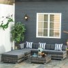 Outsunny 6 Pieces Rattan Garden Furniture Set, 5 Seater Garden Sofa Set with Thickened Cushions, Glass Top Coffee Table and Ottomans, Outdoor Sectional Conservatory Furniture with Pillows, Grey