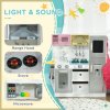 AIYAPLAY Wooden Play Kitchen Kids Toy Kitchen Playset Role Playing Game with Lights, Sounds, Apron and Chef Hat, Ice Maker, Microwave, Range Hood, Utensils, Cuttable Food, for Ages 3-6 Years - White