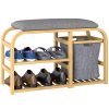 HOMCOM Bamboo Shoe Bench with Cushion, Shoe Rack Bench with 2 Slatted Shelves and Pull-Out Fabric Basket for Hallway, Entryway, Living Room, Nature Wood Finish