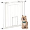 PawHut Dog Stair Gate Pet Barrier with Small Cat Door, Pressure Fit Safety Gate  with Auto Closing System, Double Locking, for Hallways - White
