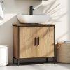 HOMCOM Under Sink Bathroom Cabinet, Industrial Freestanding Under Sink Cabinet with 2 Doors, Adjustable Shelf and Steel Frame for Basin without or with Pedestal, Oak