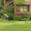Outsunny Sand Pit Wooden Sandpit Kids Sandbox House for Outdoors, Gardens with Canopy, Liner, Blackboard, Sink, Seats, Flags, for Ages 3-7 Years - Brown