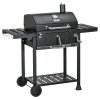Outsunny Charcoal Barbecue Grill Trolley with Adjustable Charcoal Pan, Galvanised Steel Smoker BBQ Grill with Storage Shelves, Lid, Themometer, Bottle Opener and Wheels, Black
