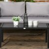 Outsunny 4 Piece Metal Garden Furniture Set with Tempered Glass Coffee Table, Texteline Pocket, Outdoor Set Loveseat Single Armchairs with Padded Cushions, Light Grey