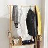 HOMCOM Bamboo Clothes Rail Rack with 2 Storage Shelves and 2 Hooks, Freestanding Open Wardrobe Coat Stand with Wheels for Entryway, Bedroom, Natural Wood Effect