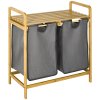 HOMCOM Bamboo Laundry Basket, Laundry Hamper with Shelf, 2 Pull-out Bags for Bedroom, Bathroom, Laundry Room, 64 x 33 x 73 cm, Grey