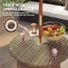 Outsunny Wicker Garden Rattan Table, Patio Furniture Outdoor Coffee Table with Umbrella Hole and Tempered Glass Top, Brown