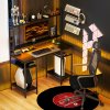 HOMCOM Computer Desk with Power Outlets and LED Lights, Home Office Desk with Monitor Stand, 2 CPU Stands and Storage Shelves, Study Table Gaming Desk with Hutch, Black