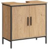 HOMCOM Under Sink Bathroom Cabinet, Industrial Freestanding Under Sink Cabinet with 2 Doors, Adjustable Shelf and Steel Frame for Basin without or with Pedestal, Oak