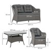 Outsunny 4 Pieces Rattan Garden Furniture Set, Round Wicker Garden Sofa Set with Loveseat, Armchairs and Glass Top Table, Outdoor Conservatory Furniture with Cushions for Patio, Balcony, Light Grey