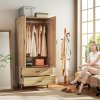 HOMCOM 2 Door Wardrobe, Modern Wardrobe with 2 Drawers and Hanging Rail for Bedroom, Flats, Natural