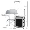 Outsunny Camping Kitchen with Storage Cupboard, Folding Camping Table, Aluminium Portable Picnic Table with Windshield, Light Stand, Carrying Bag for BBQ, Silver