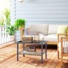 Outsunny Outdoor Rattan Coffee Table, Rectangular Tea Side Table with Tempered Glass Top, Storage Shelf, Foot Pads, Garden Furniture for Patio, Balcony, Mixed-grey
