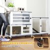 PawHut Rabbit Hutch with Run, 2-Tier Wooden Guinea Pig Hutch with Wheels, 2 Openable Tops, 3 Plastic Trays, Small Animal House Indoor for 2-3 Bunnies, Guinea Pigs, 147 x 45 x 89.5cm, Grey