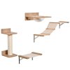 PawHut 4PCs Wall-mounted Cats Climbing Shelf Set Cat Tree Kitten Perch Activity Center with Hammock Scratching Post Jumping Platform Brown