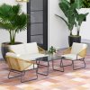 Outsunny 4 Piece Rattan Garden Furniture Set, Wicker Patio Outdoor Furniture Set with Loveseat, Armchairs, Glass Top Coffee Table and Cushions for Patio, Conservatory, Balcony, Natural Wood Finish