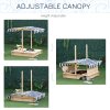 Outsunny Kids Wooden Sand Pit with Lids, Children Sandbox Height Adjustable Canopy for Garden, Convertible Bench Outdoor Garden Playset, Blue and White Canopy
