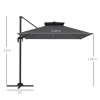 Outsunny 2.5m Cantilever Parasol with Solar Powered LED Lights, Double Top Square Overhanging Garden Parasol with 360 Rotation, Tilt Adjustment, Crank Handle, Dark Grey