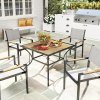 Outsunny 94 x 94 cm Garden Table with Parasol Hole, Outdoor Dining Table for 4, Square Patio Table with Stone-Grain Effect PC Board Top for Patio, Garden, Brown