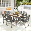 Outsunny 7 Pieces Patio Dining Set, 6 Seater Outdoor Table and Stackable Chairs with Umbrella Hole, Galvanised Steel Frame, Space Saving, for Poolside, Garden, Black