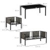Outsunny 4 Piece Metal Garden Furniture Set with Tempered Glass Coffee Table, Texteline Pocket, Outdoor Set Loveseat Single Armchairs with Padded Cushions, Light Grey