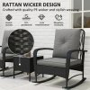 Outsunny 3 Pieces Rattan Bistro Set, Wicker Garden Furniture Set with Cushions, Glass Top Coffee Table and Rocking Chairs, Small Balcony Furniture for Outdoor, Porch, Black