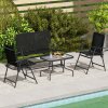 Outsunny Outdoor 4 Pieces Patio Furniture Set with Breathable Mesh Fabric Seat & Backrest, Garden Set with Two Foldable Armchairs, a Loveseat & Glass Top Table, Black