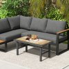 Outsunny Metal Garden Coffee Table, Outdoor Side Table with SPC Woodgrain Tabletop for Outside, Garden, Balcony, Porch, 100 x 53 x 46cm, Brown Wood Effect