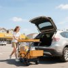 Outsunny 120L Festival Trolley on Wheels, Folding Camping Trolley Cart with Removable Canopy, All-Terrain Wheels, Adjustable Handle and Side Pockets for Garden Beach Fishing Shopping, Orange