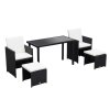 Outsunny 2 Seater Rattan Cube Garden Furniture Set, Rattan Dining Set with Cushions, Outdoor Dining Table and Chairs with 2 Armchairs, 2 Stools, Rectangular Glass Top Table for Patio, Balcony