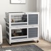 PawHut Rabbit Hutch Guinea Pig Hutch Indoor Wooden Small Animal House with Wheels, Openable Top, No-Leak Plastic Trays - Grey