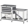 PawHut Rabbit Hutch with Run, 2-Tier Wooden Guinea Pig Hutch with Wheels, 2 Openable Tops, 3 Plastic Trays, Small Animal House Indoor for 2-3 Bunnies, Guinea Pigs, 147 x 45 x 89.5cm, Grey