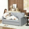 HOMCOM 2 Seater Sofa Bed, Convertible Bed Settee, Modern Linen Loveseat Sofa Couch with 2 Cushions, Hidden Storage for Living Room, Guest Room, Light Grey