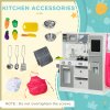 AIYAPLAY Wooden Play Kitchen Kids Toy Kitchen Playset Role Playing Game with Lights, Sounds, Apron and Chef Hat, Ice Maker, Microwave, Range Hood, Utensils, Cuttable Food, for Ages 3-6 Years - White