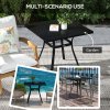 Outsunny Garden Dining Table, Outdoor Square Coffee Table with Wood Grain Effect Steel Tabletop, Parasol Hole and Foot Pads for Balcony, Porch, Black