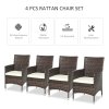 Outsunny 4 Pieces Outdoor PE Rattan Dining Chairs Set with Cushion, Garden Armchair with Armrests, High Backrest, Metal Frame Patio Wicker Furniture, Deep Coffee