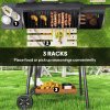 Outsunny Charcoal Barbecue Grill with Offset Smoker, Barrel BBQ Trolley with 3 Storage Shelves & Thermometer for Outdoor Garden Camping Picnic Cooking, Black