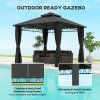 Outsunny 3 x 3 (m) Outdoor Polycarbonate Gazebo, Double Roof Hard Top Gazebo with Galvanised Steel Frame, Nettings& Curtains for Garden, Lawn, Patio and Deck, Dark Grey