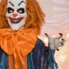 HOMCOM 168 cm Life Size Halloween Animated Standing Circus Clown with Red Light Up Eyes, Sound Activated Moving Arms & Body, Scary Clown Halloween Decorations, Battery Operated, Indoor Party Props